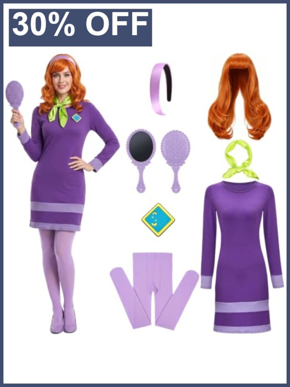 Adult Daphne Costume Women Purple Dress Halloween Outfit with Wig & Accessories